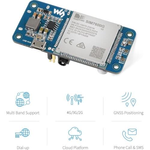 Global Band SIM7600G-H 4G HAT for Raspberry Pi, LTE Cat-4 4G / 3G / 2G Supports GNSS Positioning