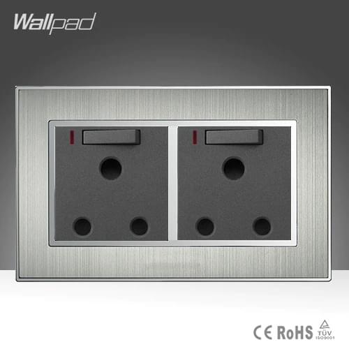 Hot Double UK 15A Switched Socket Wallpad Satin Metal AC 110-250V Double 15A Wall UK Soutch Africa Switched Socket with LED Neon
