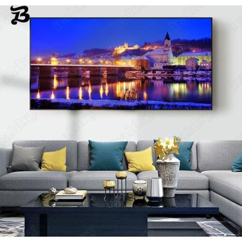 Canvas Painting Wall Art City Night Landscape Painting Pastoral Snow Town Canvas Posters Prints for Living Room Home Decoration