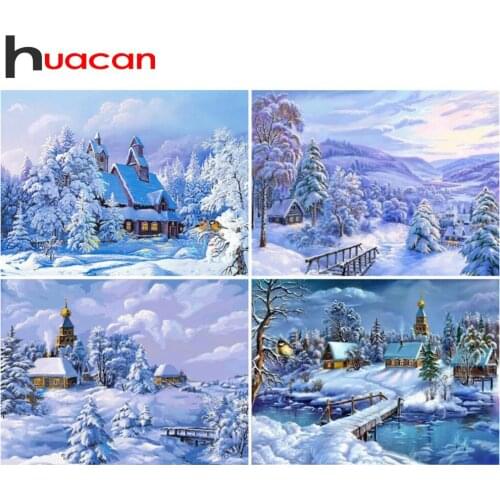 Huacan Diamond Mosaic Set For Embroidery Cross House Winter 5D Diamond Painting Rhinestones Landscape Decoration For Home