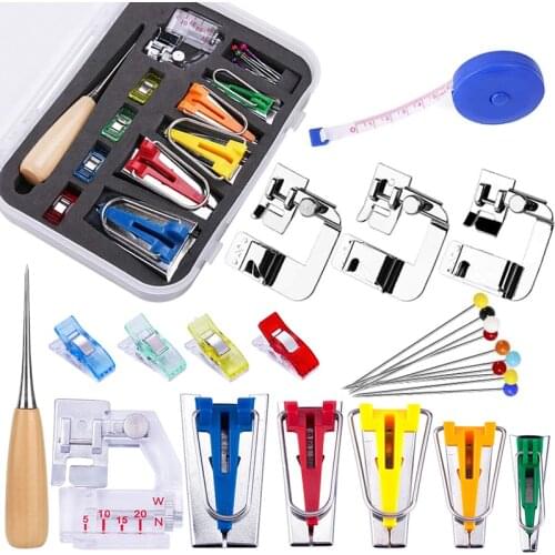 LMDZ 5 Sizes Bias Tape Maker Tool Kit with Instruction with 4 Pcs Sewing Machine Presser Foot Sewing Clips Ball Point Pins Awl