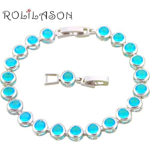 ROLILASON silver Bracelet for women Simple seawater Blue Crystal Round Design Health wedding item Fashion jewelry TB646