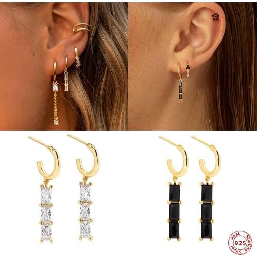 Luxury Black&clear Zircon Crystal Geometric Long Drop Earrings for Women 925 Sterling Silver Earring Fashion Jewelry Gift