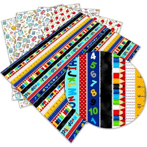 School Season Stationery Ruler Pencil Pattern Printing Artificial Leather Cross Pattern DIY Sewing Material 22x30cm