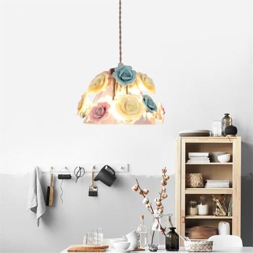 Nordic Ceramic Flower Rose Decorated Pendant Lights Children Princess Bedroom Living Room Hand-made Glass Colored Hanging Lamps