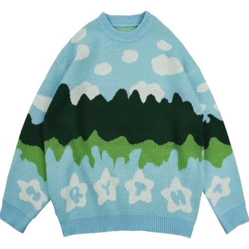Vintage Autumn Winter Women Lovely Sweater O-Neck Colorful Candy Color Green & Pink Flower Knitwear All-Match Pullover