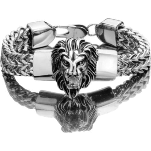 High Quality Stainless Steel Silver Color Animal Lion Head Mens Bracelet Bangle Figaro Franco Link Chain Biker Jewelry 8.66inch