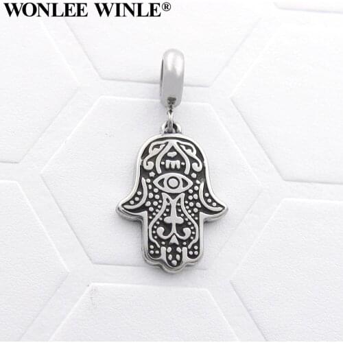 Wonlee Winle 316L Stainless Steel 5mm Hole HAMSA Hand Charms Pendants For Bracelet Jewelry Making DIY Men&Women