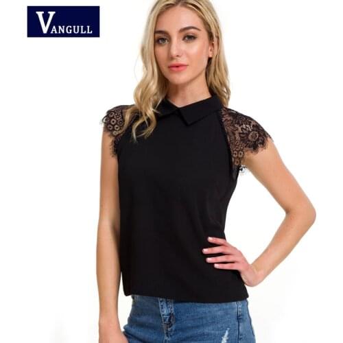 Vangull Floral Lace Blouse Black Turn-down Collar Women Patchwork Elegant Top 2018 Summer Casual Short Sleeve Plain Blouse Tops