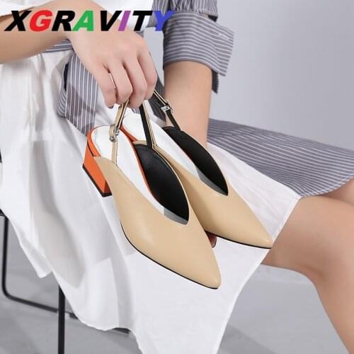 XGRAVITY Hot 2021 V Cut Lady Vintage New Fashion Pointed Toe Dress Shoe Ladies Summer Women High Heel Sandals Chunky Heels A090