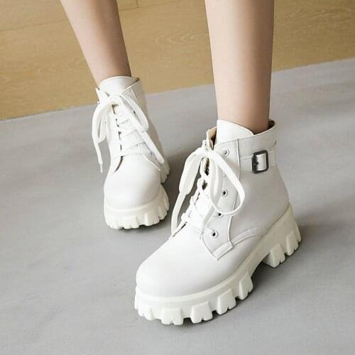 2021 Fashion Cross Tied Ladies Short Boots Simple PU Zipper Belt Buckle Ankle Boots Female Autumn Winter Platform Womens Shoes