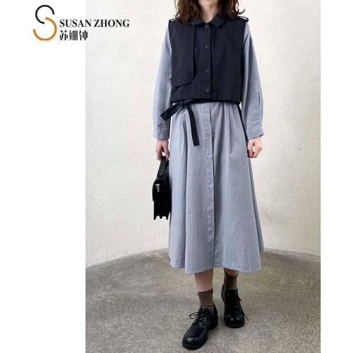 Women Dress Shirt Female One-Piece 2021 Spring Summer Natural Normcore Loose A-Line Comfortable Cotton Lantern Sleeve Vest Set