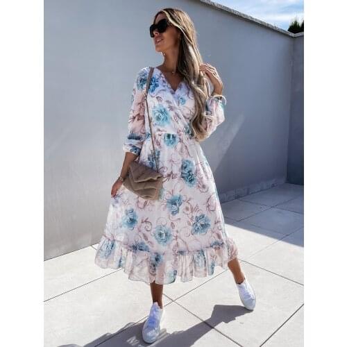 Summer Long Sleeve Chiffon Dress Women High Waist Floral Print Bohemia Mid-Calf Dress Elegent Fashion Party Sundress Beach 2021