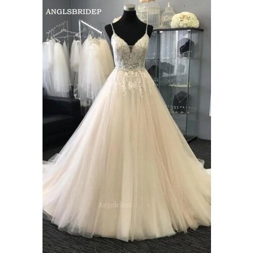 ANGELSBRIDEP Spaghetti Straps V-Neck Tulle Wedding Dresses Vestido De Noiva Appliques Floor-length Bridal Gown Bride Dresses