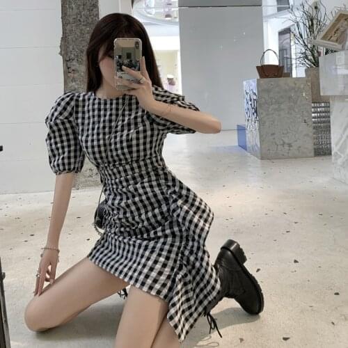 Asymmetric Streetwear Korean Clothes Plaid Dresses Ulzzang Ruffles Hipster Womens Clothing Dress Puff Sleeve Fashion Brand New
