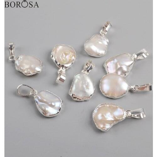 BOROSA 10/20Pcs Trendy Freeform Silver Plated Natural Freshwater Pearl Pendant White Pearls Beads for Necklace Jewelry S1673