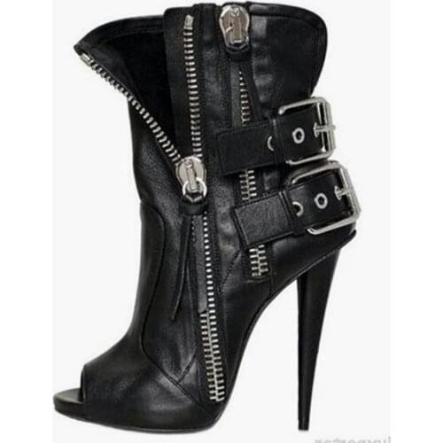 Punk Style Double Zipper Ankle Boots Woman Peep Toe Cone Heel Gladiator Sandals Boots Cut-out Buckle Short Bootie Black Leather