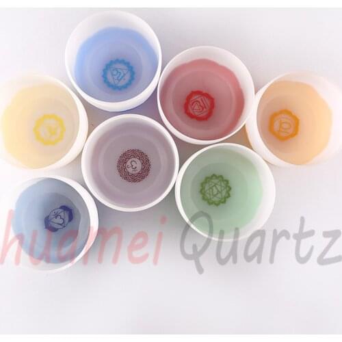 Color lotus with ckakra logo Tuned Set of 7pcs 8" -14" Frosted Quartz Crystal Singing Bowl