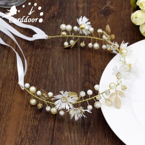 Carddoor Gold Leaf Headband Red White Daisy Flower Pearl Tiaras Bridal Hair Jewelry Wreath Headpiece Wedding Hair Accessories