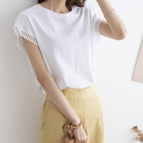 Pure cotton short-sleeved t-shirt womens summer models wild hollow bat-sleeved top women loose large size fat mm bottoming shir