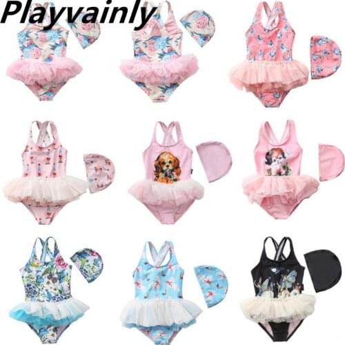 Ins Children Swimsuit Girl Cartoon Floral One Piece Cute Baby Swimwear Ballet Gauze Skirt Little Princess Swimsuit YBD001
