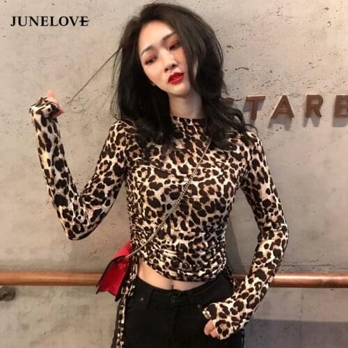 JuneLove Women Autumn Long Sleeve Leopard Blouse Shirts Vintage Animal Print Female Elastic Blouse Casual Street Lady Blouse Top
