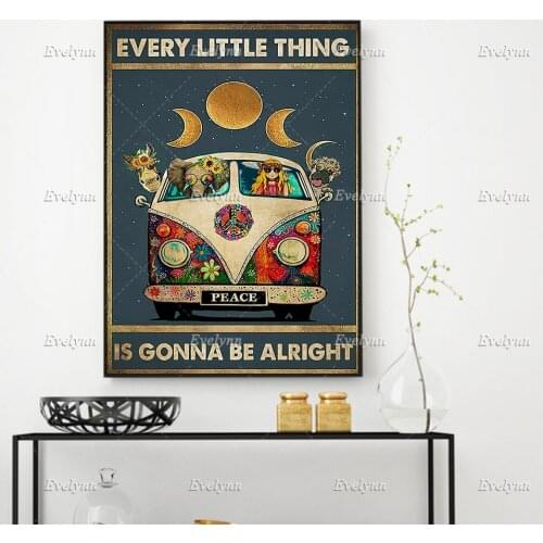 Every Little Thing Is Gonna Be Alright Poster,Hippie Girl, Animals Dog,Elephant,Donkey,Wall Art Prints Home Decor Canvas Gift