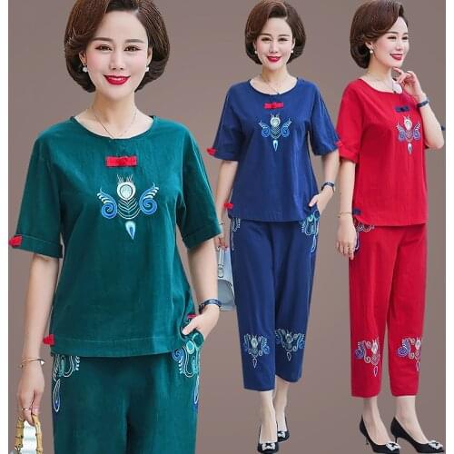 Plus size Mother 2021 Summer 2 piece set Middle-aged Womens Embroidered Short sleeve Loose T-shirt Cotton linen Two-piece suit