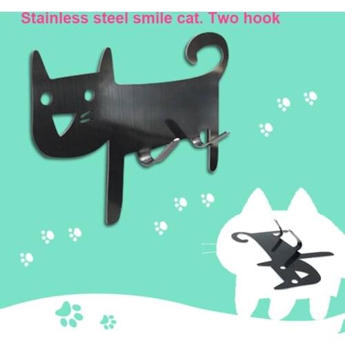 1pc Stainless Steel Strong Self Adhesive Hooks Creative Cat Pattern Double Hook Waterproof Bedroom Kitchen Storage Holder Access