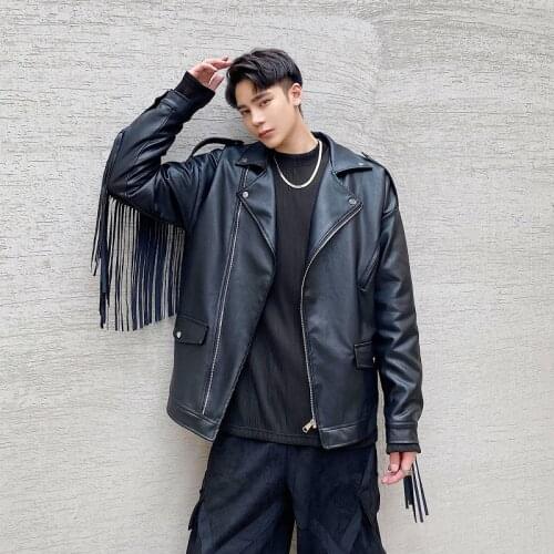 2021 New Winter Padded Cotton Thicken Tassel PU Leather Streetwear Hip Hop Punk Motorcycle Jacket Male Vintage Coat Stage Clothi