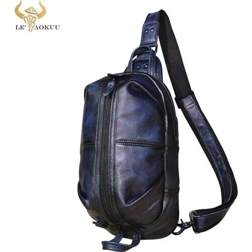 Men Genuine Leather Casual Fashion Blue Triangle Crossbody Chest Sling Bag Design Travel One Shoulder Bag Daypack Male 1186