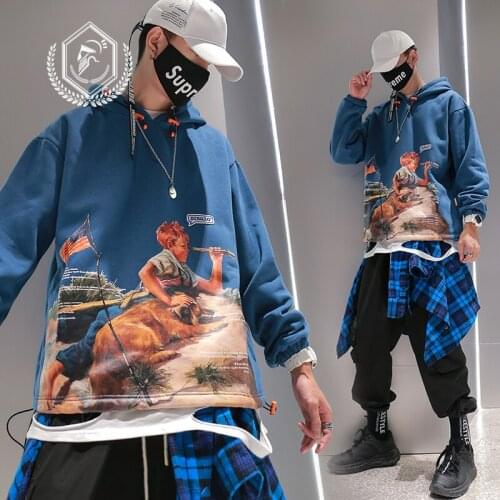 Men Loose Fleece Heavyweight Fashion Print Pullover Hip Hop Sweatshirts with Hooded