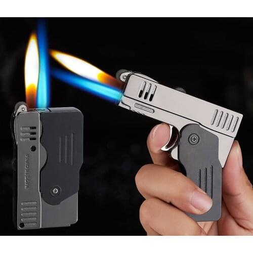 New creative folding deformation double fire switch straight jet and open flame metal small pistol shape lighter funny play tool