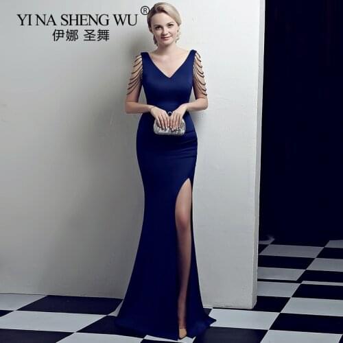 New Mermaid Long Dress Satin Sexy V neck With Beadings High Slit Robe De Soiree Rouge Abito Da Sera Women Dress Prom Vestidos