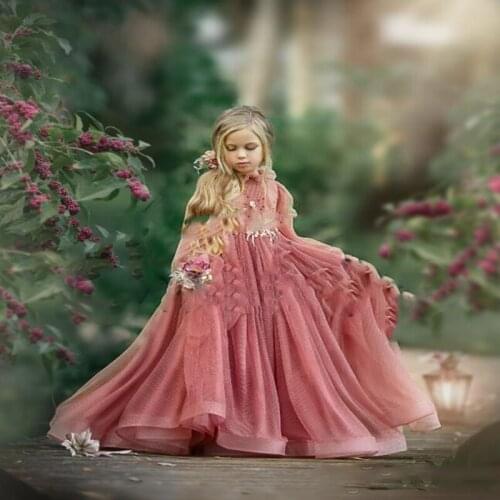 Rosewood A Line Flower Girl Dresses Weddings Long Sleeve Lace Girls Pageant Dress Floor Length Kids Birthday Party Gown