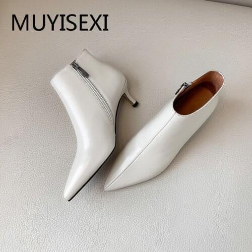 Sexy Ankle Boots Genuine Leather Pointed Toe 5cm Thin Heels Winter Solid Autumn Boots For Women MING07 MUYISEXI