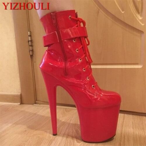 20 cm high heel sexy boots, PU material super high pole dancing model runway short boots, stage performance dancing shoes