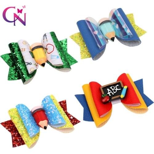CN 3" Resin Pencil Glitter Hair Bows for Girls Back to School Handmade Stacked Bowknot Hair Clips Hairpin Cute Headwear