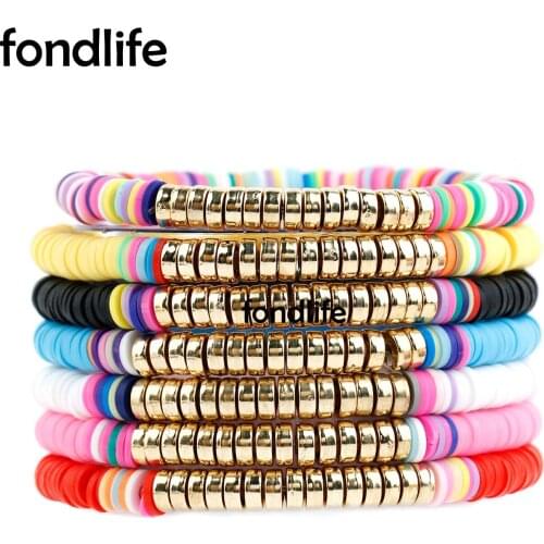 Boho Recyclable Polymer Clay Stopper Beads Stretch Bracelet Women Girl Lady Multicolor Rainbow Heishi Summer Beach Surf Jewelry