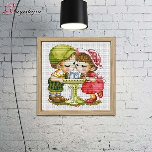 RUYISHIJIA DIY Cross Stitch Kits Cartoon Character Celebrates Birthday Pattern Beginners Starter Embroidery Pattern Art Wall