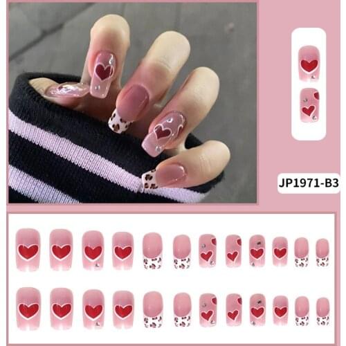 24Pcs/Set Love Heart Leopard Print Fake Nails Glue Type Removable Long Paragraph Fashion Manicure Fully Covered Nail Decoration