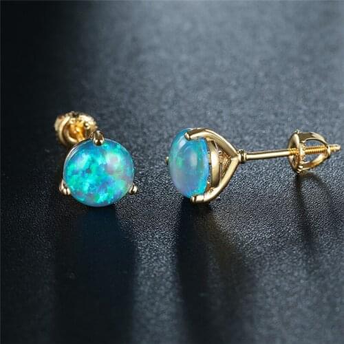 6/7/8mm Round Stone Stud Earrings Blue Fire Opal Screw Back Earrings Vintage Gold Color Small Earrings For Women Wedding Jewelry