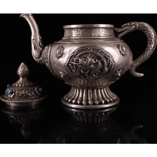 Old Tibetan hand-made gem-set silver dragon style jug decoration kettle teapot