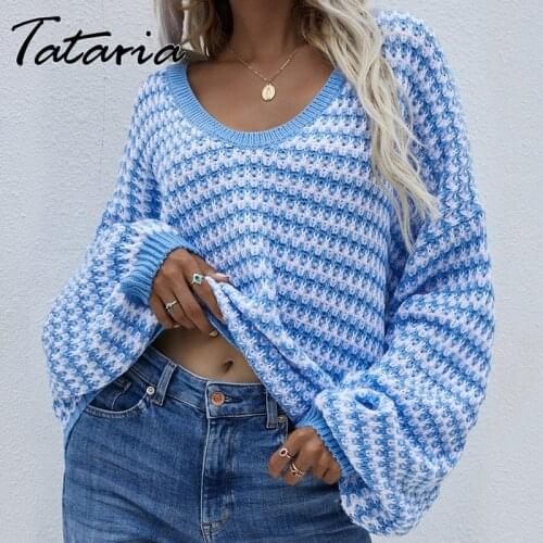 Vintage Striped Sweater for Women Knitted Top Autumn Blue Basic V Neck Pullovers Sweaters Jumpers Female Caasual Loose Tops 2021