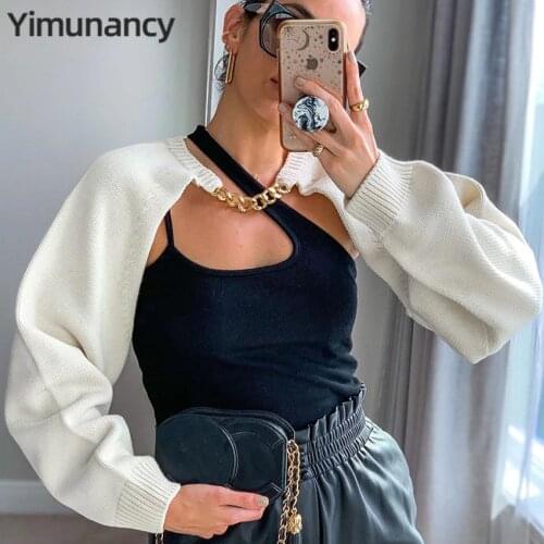 Yimunancy Long Sleeve Cropped Sweaters Women Knitted Top 2021 Spring ladies Chain Shrug Casual Top Streetwear