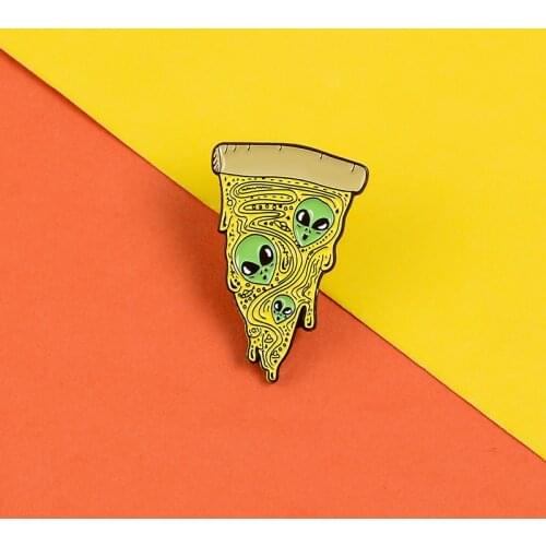 Funny Cute Alien Pizza enamel pins Delicious butter pizza badges brooches Space adventure Lapel pin Gifts idea Jewelry