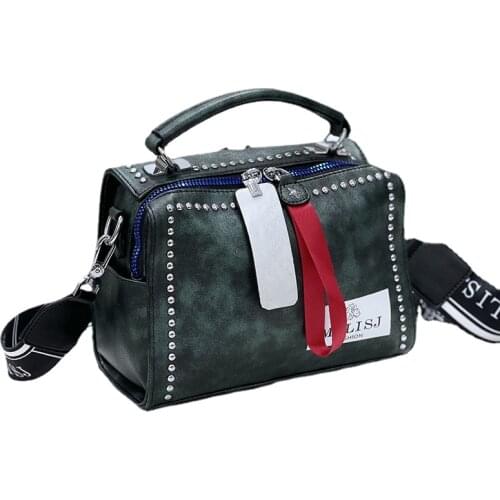 Female Fashion Womens Bag Split Leather Boston Handbag Tote Rivet Daily Casual Luxury Design Messenger Bag Shoulder Sac