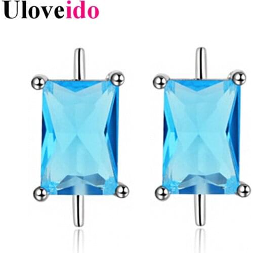 Uloveido Earrings for Women 925 Sterling Silver Stud Earings with Blue Stones Costume Jewelry Square Earring Female 5% Off WB123