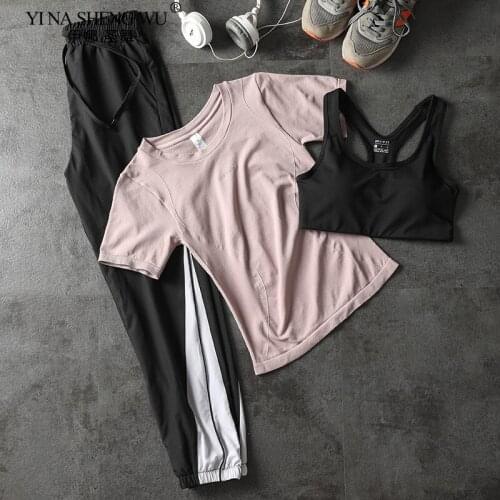 Women Yoga Set Fitness Sports Suits Gym Clothing Short Sleeves Top Shirts High Waist Running Leggings Workout Pants Sportswear