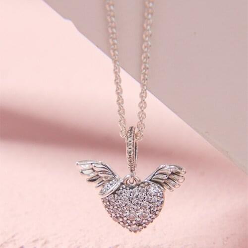 Gift Pave Heart Angel Wings Pandora Necklace 925 Sterling Silver Jewelry chain Pendant Necklaces For Woman silver 925 Jewelry